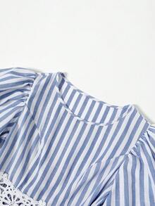 SHEIN LUNE Women's Elegant Summer Cotton Puff Sleeve Striped Round Neck Lace Patchwork Hollow Out Casual Dress - Blue and White - View 3