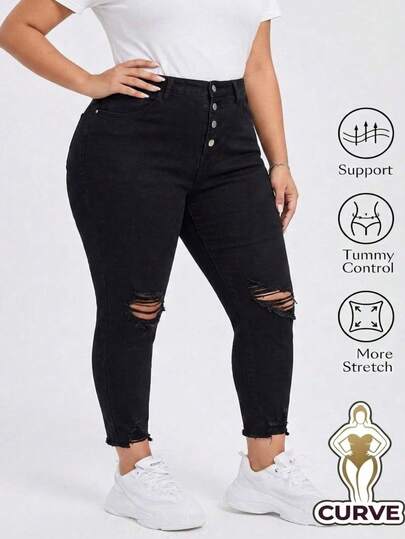 Jeans Mujer Negro Talla Grande - Múltiples Botones, Corte Ajustado y Rotos​​​, Pantalones Vaqueros ajustados elásticos con curvy