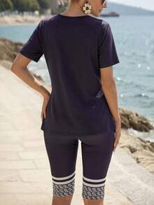 Faunlyn 2pcs/Set Women Solid Color Round Neck Short Sleeve T-Shirt And Geometric Print Leggings - Navy Blue - View 2