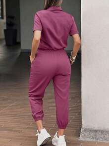 EMERY ROSE Women's Elegant Button Decor Pocket Loose Top And Slim Fit Ankle-Length Jumpsuit, Spring/Summer - Pink - View 2