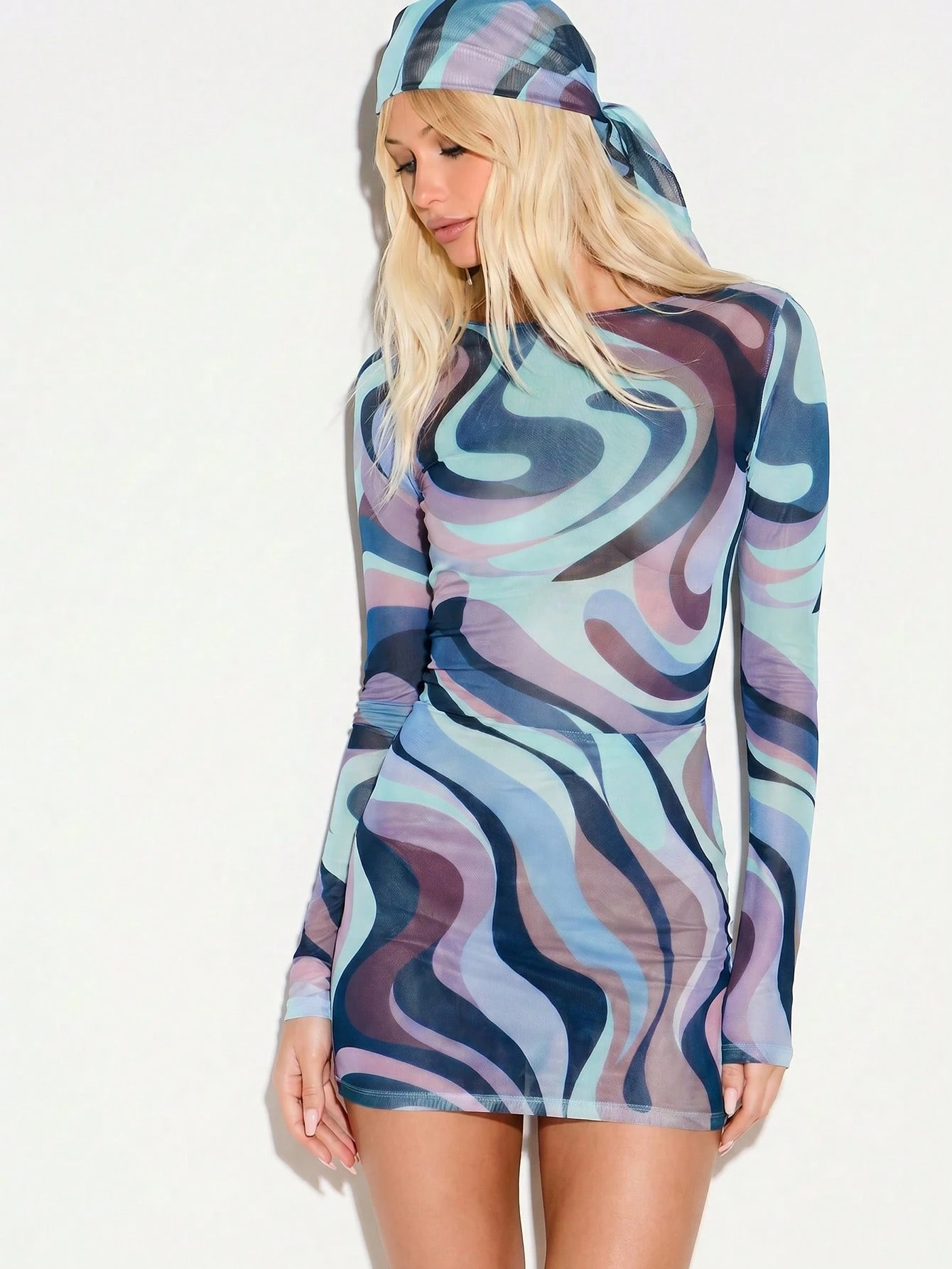 Swirl Print Mesh Mini Dress With Bandana