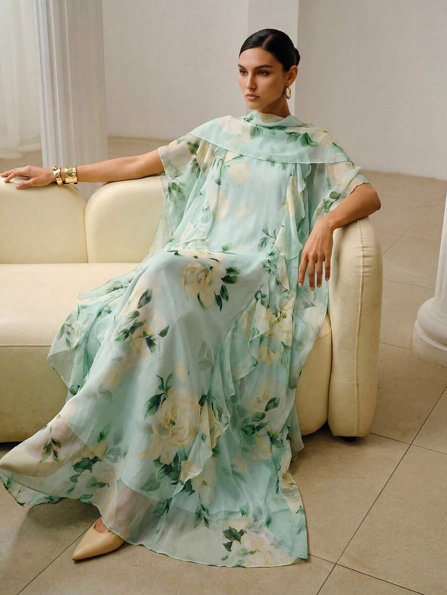 ZEYLAH Extra Long Flowy Printed Robe, Romantic Oversized, Spring - Mint Green - View 1