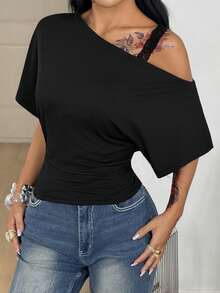 Coolane Women's All-Season Summer Concert Rave Y2K Basic Daily Wear Essentials Off The Shoulder Contrast Lace Waist-Cinched Black T-Shirt Summer For Women, Summer Top - Black - View 5