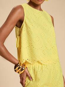 Travachic Women's Hollow Embroidery Tank Top And Shorts Casual Set For Vacation - Yellow - View 3