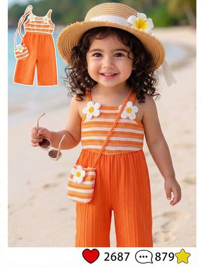 SHEIN Conjunto de peto sin mangas a rayas con parches y decoración de margaritas para niñas pequeñas, de ajuste holgado y cómodo, adecuado para salidas diarias, viajes casuales, reuniones familiares, sesiones de fotos, verano