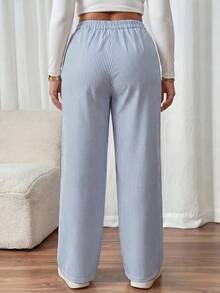 SHEIN PETITE CURVE 大码女士直筒优雅办公裤，女士休闲裤，大码裤装，蓝色条纹高腰裤，大码裤装 - 藍色 - 查看 2
