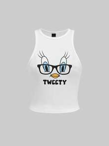 Slaydiva LOONEY TUNES X SHEIN Áo tank top nữ cổ tròn, chất liệu 34% cotton, in hình chim Tweety phong cách retro - Phong cách vintage Y2K dễ thương, thích hợp mặc ở nhà, chơi thể thao, đi sân bay mùa hè/thu/xuân, đi nghỉ mát ven biển, nghỉ xuân, dự đám cưới, du lịch thành phố, du thuyền và các lễ hội âm nhạc phong cách Boho. - trắng - Xem 1