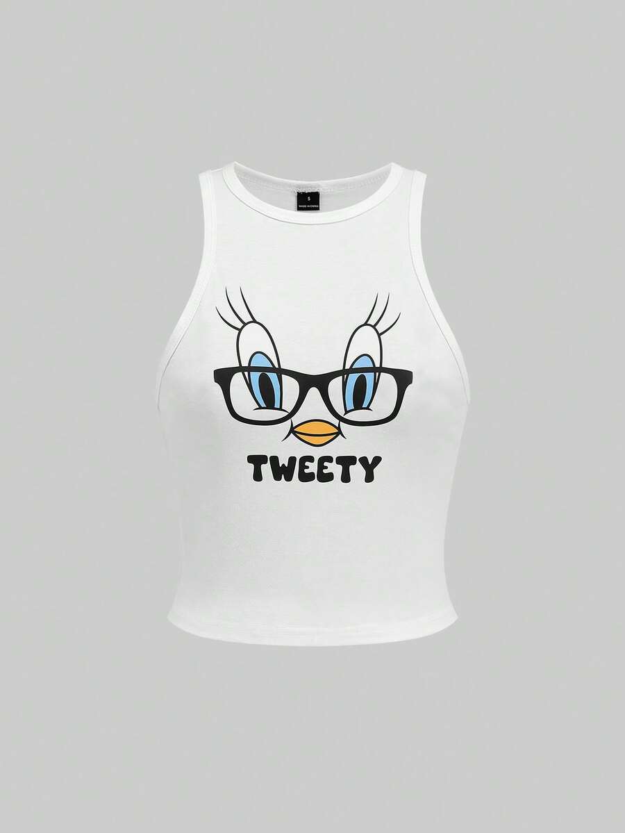 Slaydiva LOONEY TUNES X SHEIN Áo tank top nữ cổ tròn, chất liệu 34% cotton, in hình chim Tweety phong cách retro - Phong cách vintage Y2K dễ thương, thích hợp mặc ở nhà, chơi thể thao, đi sân bay mùa hè/thu/xuân, đi nghỉ mát ven biển, nghỉ xuân, dự đám cưới, du lịch thành phố, du thuyền và các lễ hội âm nhạc phong cách Boho. - trắng - Xem 1