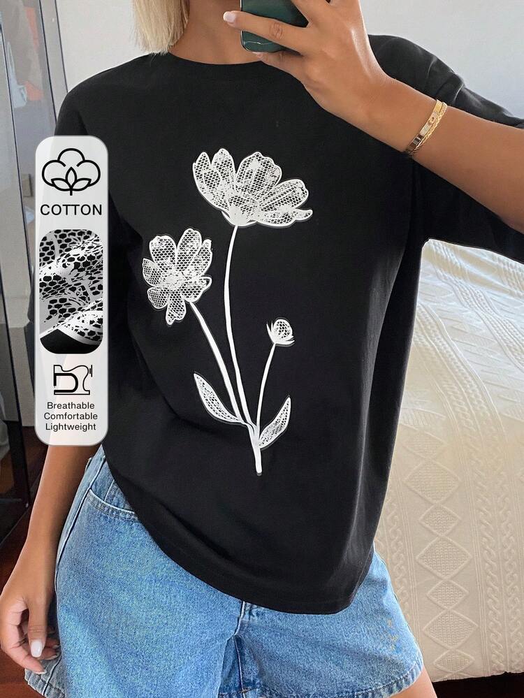 Women's Summer Round Neck Short Sleeve Floral Decor Casual Pullover T-Shirt