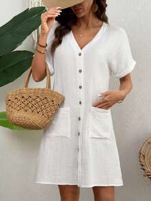 Zayélia Women's Casual Solid Color Front Button Pocket Dress, Summer Beach Vacation Plain All White - White - View 5