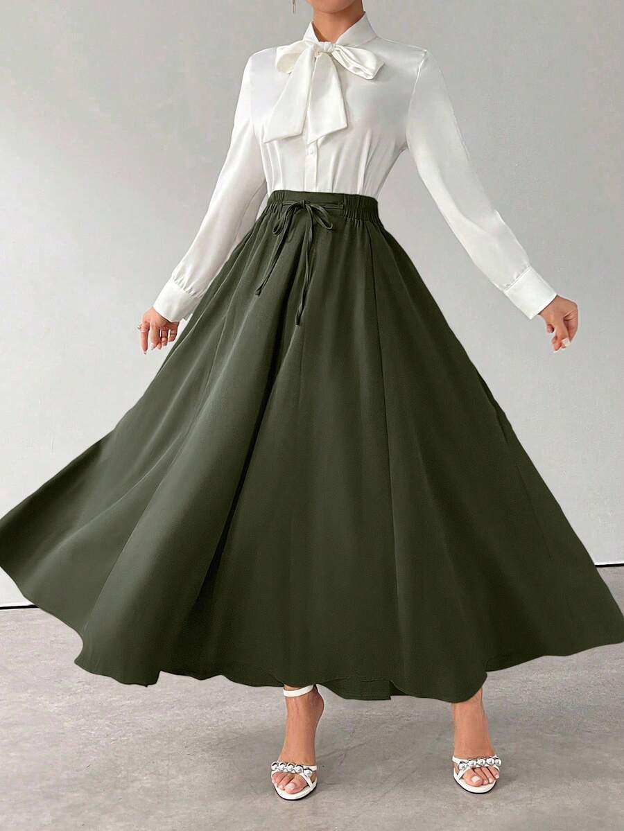 Modelyn 女款軍綠色純色繫帶長裙,秋冬復古端莊風,適合辦公室、商務、工作、雞尾酒會、婚禮、畢業典禮 - 軍綠色 - 查看 1