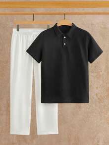 EASEVO 加大码男士纯色短袖 Polo 衫和长裤套装 - 黑與白 - 查看 8
