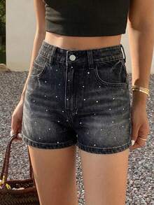DAZY Damen Sommer Jeans Shorts mit Strass-Verzierung, sehr kurz, figurbetont & sexy - Schwarz - Übersicht 6