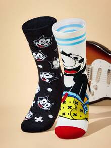 SHEIN Felix The Cat 2 Pairs Soft & Breathable Moisture-Wicking Casual Mid-Calf Socks With Cat Pattern Fashionable Cute Cartoon Cat Black & White Crew Socks Reinforced Toe & Heel For Durability Unisex For Men & Women All Season All-Match Summer Winter,Graphics Socks - 彩色 - 查看 5