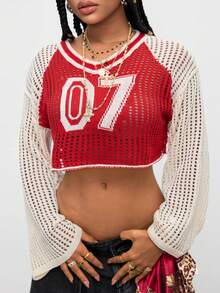 Gowayae Gowayae Women Tops AutumnY2K Street Wear Y2k Streetwear Y2k Basic Sporty American Contrast Mesh V-Neck Hollow Out Cropped Long Sleeve Knit Sweatercover Up - Red - View 6