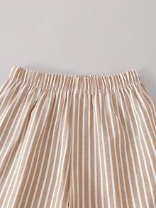 SHEIN 2pcs/Set Tween BoyCasual Striped Texture Shirt & Shorts Set, Comfortable Fashionable Outfit - Khaki - View 8