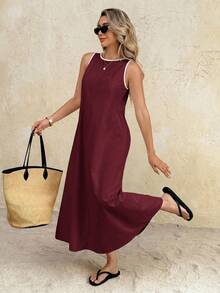 Vestido largo de cuello redondo casual para mujer, adecuado para uso diario y citas - Burdeos - Ver 2