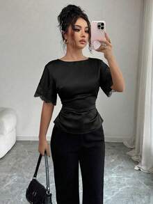 Siren Gaze New Spring/Summer Satin & Lace Patchwork Waist Shirt For Women,Summer Top - Black - View 6