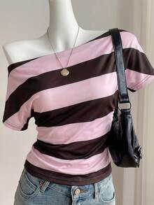 SHEIN EZwear 女士条纹针织露肩T恤 - 彩色 - 查看 8