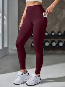 Powerista Quần legging nữ màu trơn, cạp cao, co giãn, ôm sát. - Đỏ - Xem 2