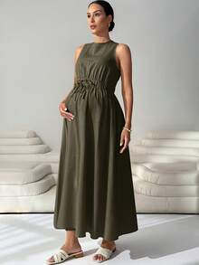 MaterniWear Maternity Solid Color Round Neck Pleated Casual Vacation Dress - Army Green - View 5