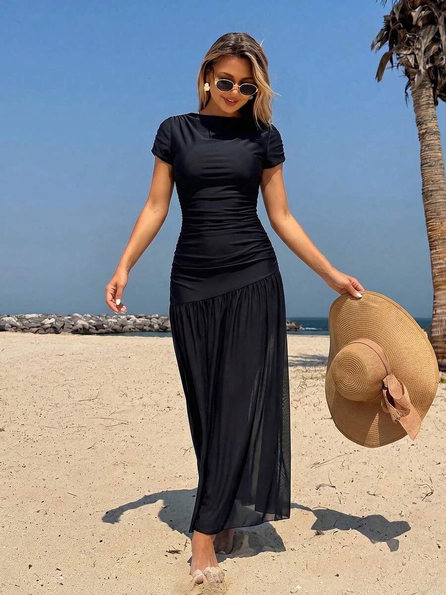 SHEIN Swim بوركيني مكون من قطعتين بلون واحد مع طيات، مناسب للعطلات والاستخدام على الشاطئ، قابل للاستخدام في الصيف - الأسود - مشاهدة 1