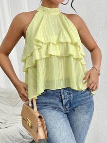 Firerie Loose Neck Ruffle Asymmetrical Chiffon Blouse,Summer Top - Green - View 6