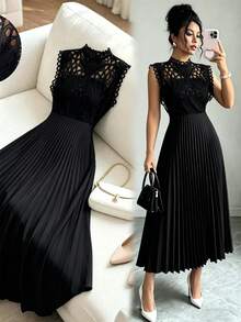 Modelyn Đầm dài nữ dáng chữ A thanh lịch, phối ren rỗng, xếp ly ở gấu váy, họa tiết hoa ngẫu nhiên, thời trang và duyên dáng cho mùa xuân và hè. - màu đen - Xem 5