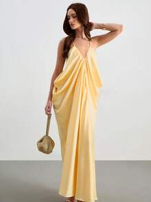CielaLinda Women's Pale Yellow Summer Seductive Vacation Dress,Satin Spaghetti Strap Ruched Draped Cowl Neck Elegant Flowy Midi Chic Minimalist Wedding Guest - Light Yellow - View 7