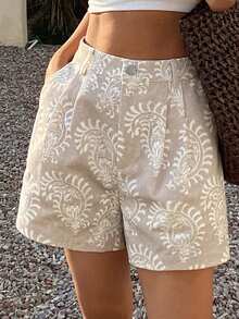 DAZY 100% Cotton Beige Printed Casual Shorts, Suitable For Vacation, Beach, Party, Summer Holiday - Beige - View 4