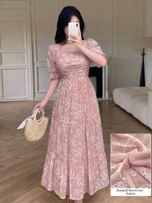 Modelyn 女士法式浅黄色方领复古镂空A字收腰连衣裙 - 粉色 - 查看 6