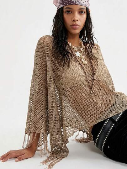 Bohemela Women's Solid Color Fringe Design Casual Versatile Daily Wear Knit Top