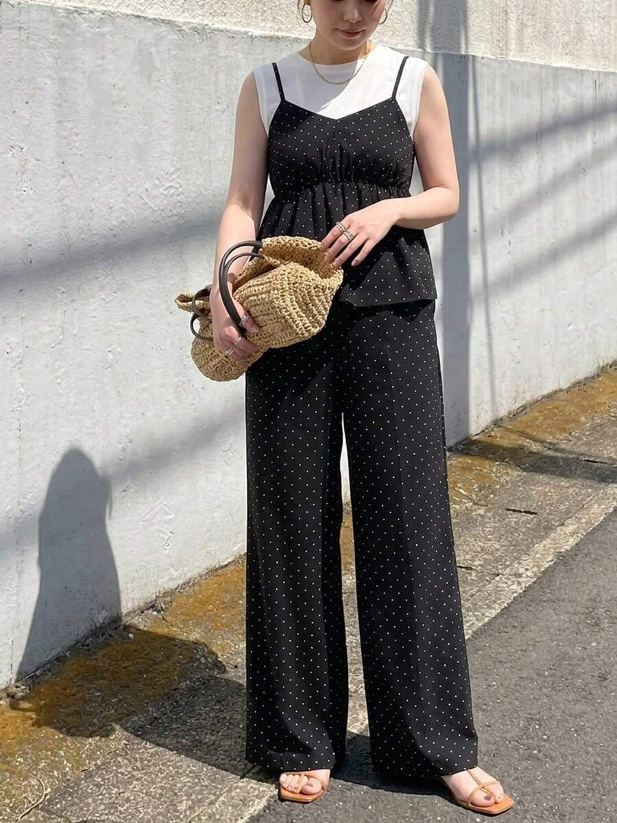 FRIFUL 女士波点吊带背心,荷叶边下摆,宽松叠穿两件套 - 黑色 - 查看 1