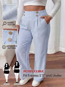 SHEIN PETITE CURVE 大码女士直筒优雅办公裤，女士休闲裤，大码裤装，蓝色条纹高腰裤，大码裤装 - 藍色 - 查看 4