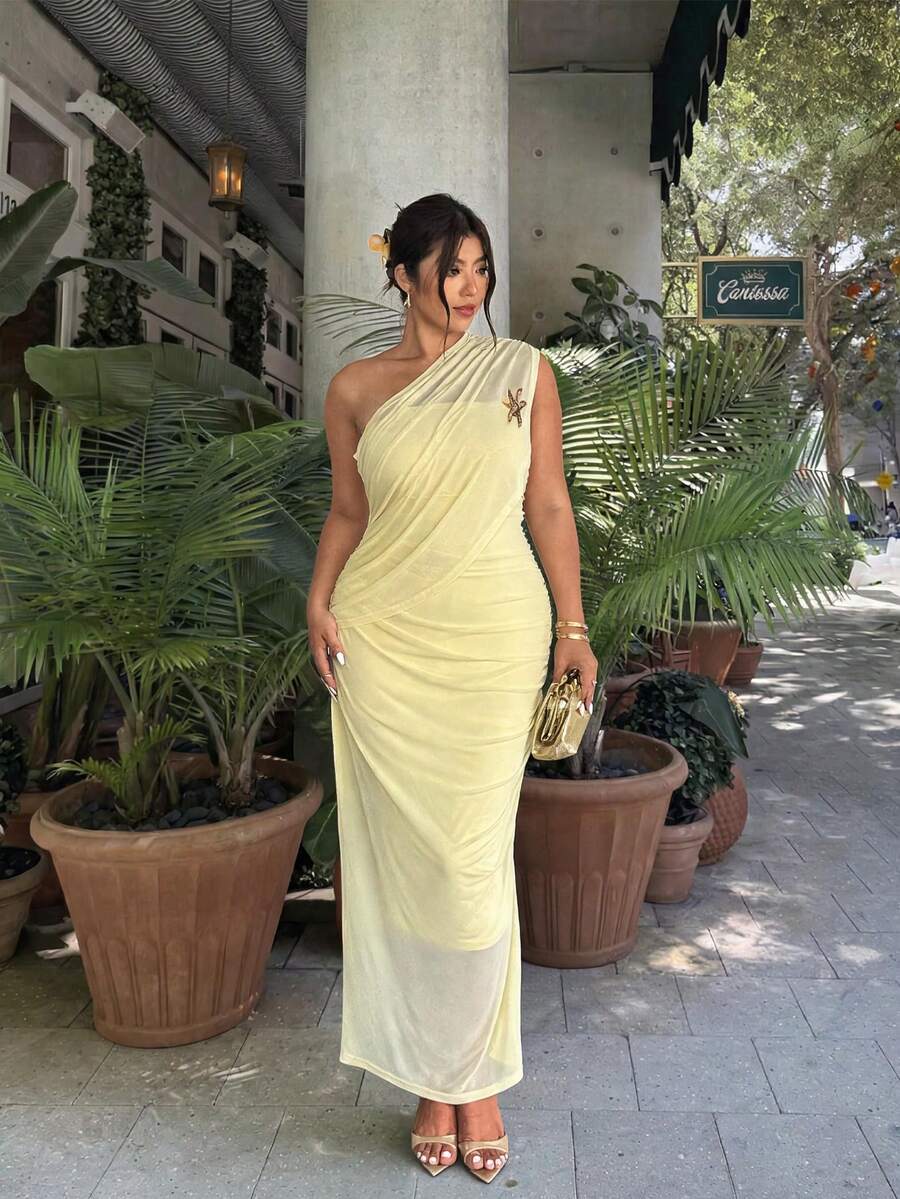 Firerie Plus Size Elegant Light Yellow Summer Wedding Party Guest Dress For Women, Ruched One Shoulder Fitted Graduation Dress, Solid Color - Yellow - View 1