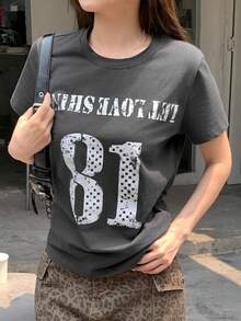 DAZY Women's Summer Round Neck Letter Print Distressed Casual Basic Pullover Street Style T-Shirt Graphic Tee Golf White - Dark Grey - View 7