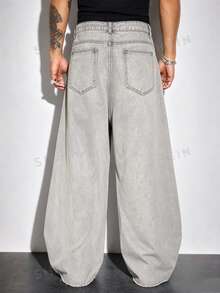 ROMWE MEN Street Life Men's Casual Street Rhinestone Washed Slant Pocket Wide-Leg Jeans - Grey - View 2