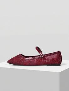 MOTF LADIES ELEGANT VERSATILE COMMUTER MESH FLORAL EMBROIDERED BUTTON FLATS FOR HOLIDAY WEAR - Mesh burgundy - View 7