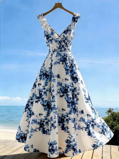 GlowEve CURVE Plus Size Women's French Vacation Style Ink Print Dress, A-Line Waist Cinching Silhouette Design, Suitable For Daily Wear, Shopping, Dating, Beach Vacation, Summer Outing