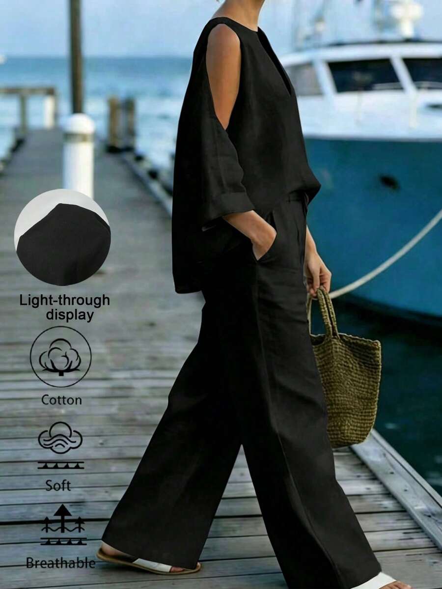 EMERY ROSE Women's Off-Shoulder V-Neck Blouse And Cotton Pants 2 Pieces Set - Black - View 1