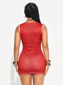 Gowayae Gowayae Women's Retro Street Sports V Neck 23 Numbers Letters Printed Mesh Fitted Side Slit Sleeveless Dress,Red And White,Summer,Athletic,City Break,Summer - Red - View 2