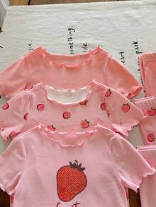 SHEIN LMoss Kids Piyama Rajut Lembut Lengan Pendek Leher Bulat Motif Kartun Lucu untuk Bayi Perempuan, 6 Potong, Musim Panas - Berwarna merah muda - View 5
