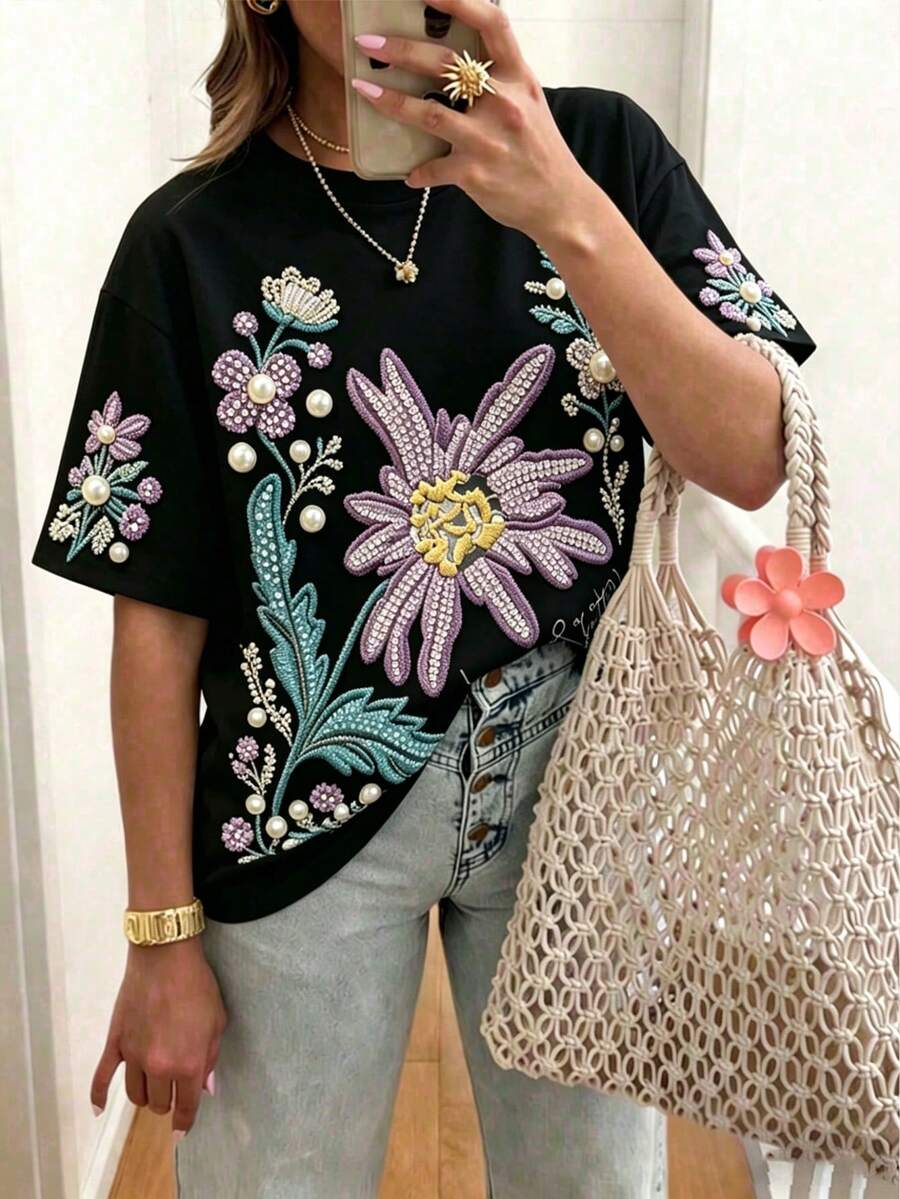 EMERY ROSE Camiseta elegante bordada, blusa con flores, camiseta de moda de verano - Multicolor - Ver 1
