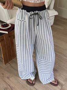 DAZY Contrast Striped Waistband 2 In 1 Drawstring Loose Wide Leg Pants, Casual Vacation Autumn Women Trousers Vacation Blue And White Striped - Blue - View 4