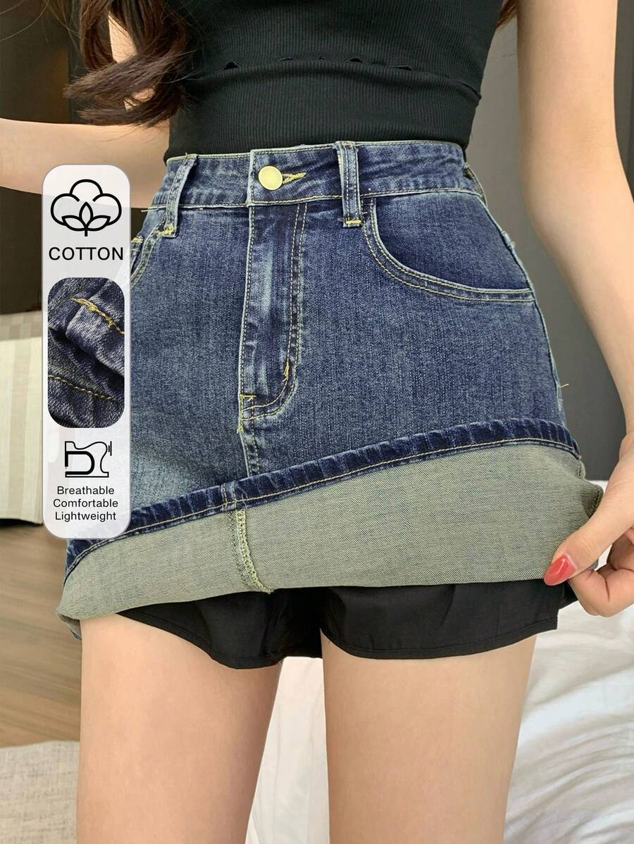 FRIFUL Chân váy denim nữ kiểu dáng thường ngày, đa năng, có túi xéo và lớp lót, thích hợp cho mùa hè. - Màu xanh lam - Xem 1