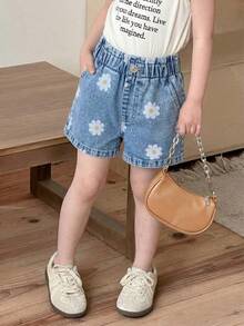 SHEIN Playful Pals 女童牛仔短褲 夏季新款鄉村清新印花花卉圖案 深藍色水洗牛仔彈性腰頭 舒適優質棉質牛仔 日常基礎校園穿搭 度假棉質夏裝 童牛仔短褲 - 淺色水洗藍 - 查看 5