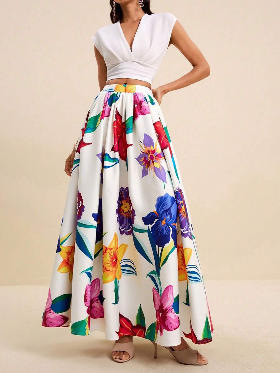 LOTSLUV Women's Loose Flared Skirt With Large Floral Print On White Flower Background, Suitable For Spring/Summer Vacation, Long Skirt Beach Conservative - White - View 1