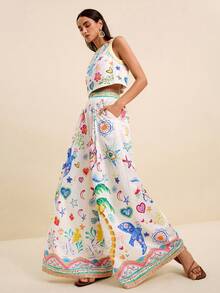 LOTSLUV Women's White Summer Boho Holiday Vacation Holiday Coconut Tree Bird Print Round Neck Sleeveless Cropped Top & Wide Leg Pants 2-Piece Set - Multicolor - View 8