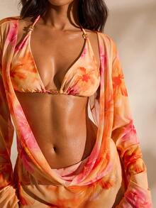 Opulessa Set Bikini Halter Motif Bunga Wanita dengan Dekorasi Manik-Manik Warna Campuran Acak dan Gaun Penutup yang Serasi untuk Liburan Pantai - MultiWarna - View 5