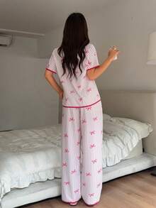 Napfluff 粉色蝴蝶结条纹印花开衫短袖及长裤女士睡衣套装 - 粉色 - 查看 2